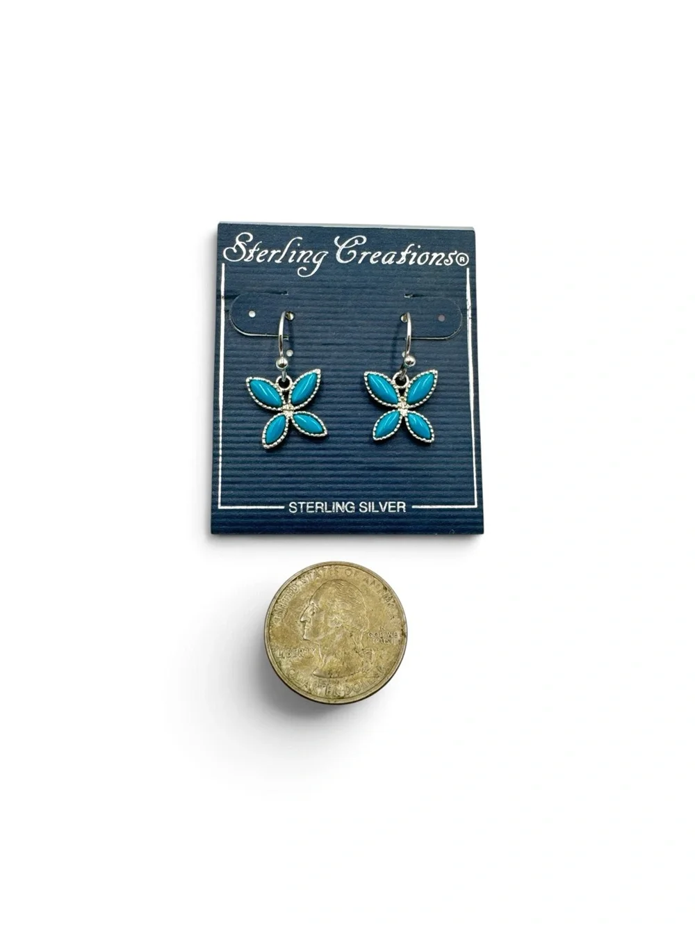 Vintage Southwest Sterling Silver Turquoise Butterfly Dangle Earrings 5/8”